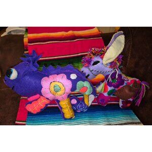 Handmade Mexican Felt Embroidered Iguana  Donkey Figurines Boho